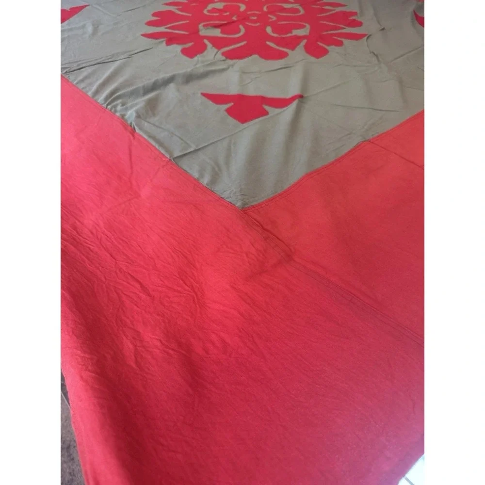 Handmade Hawaiian Applique Cotton Bedspread 2 Pillowcases Olive Coral Boho